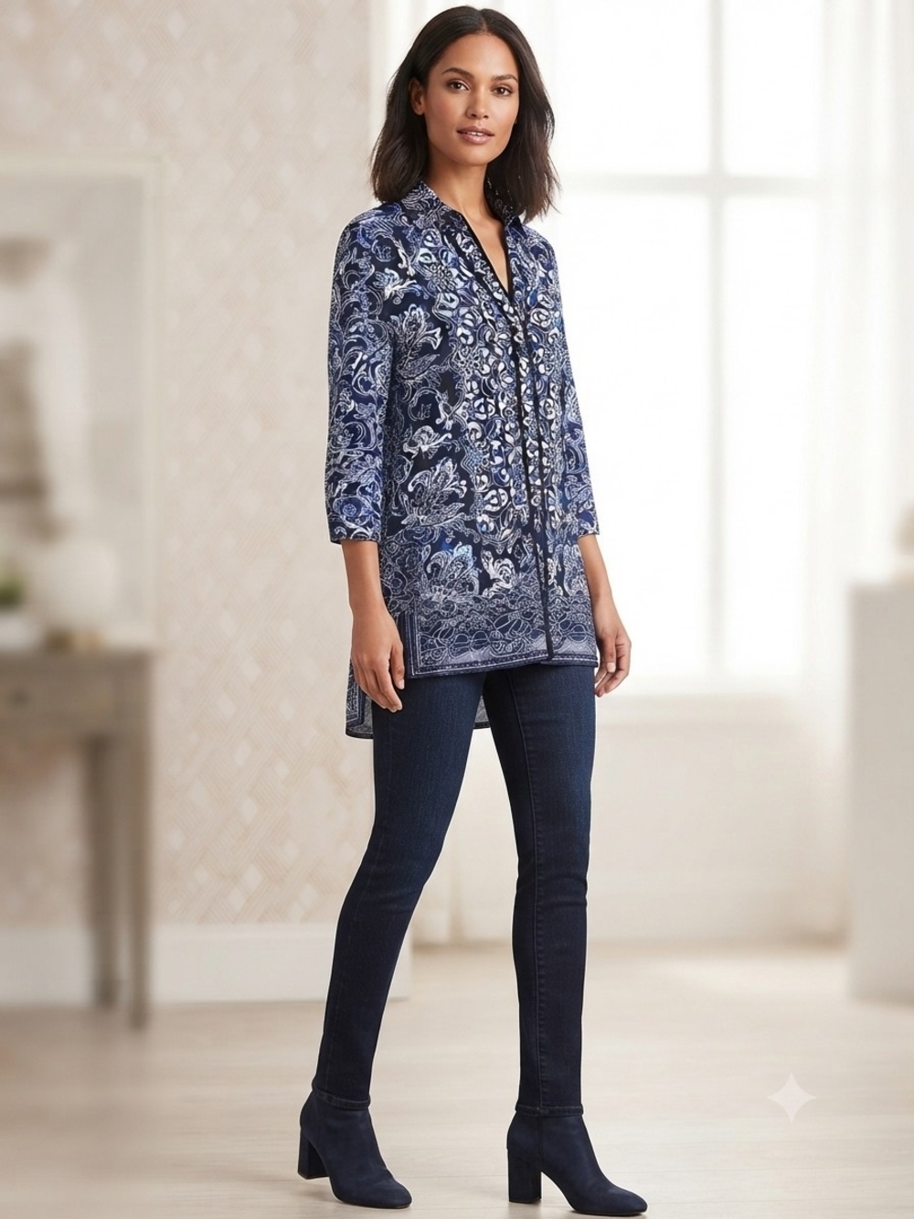 White House Black Market Blue Floral Button Down Tunic Top